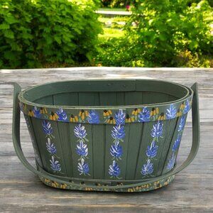 SPRING BASKET -- Handpainted, Green with Texas Bluebonnets & Sunflowers, Handle
